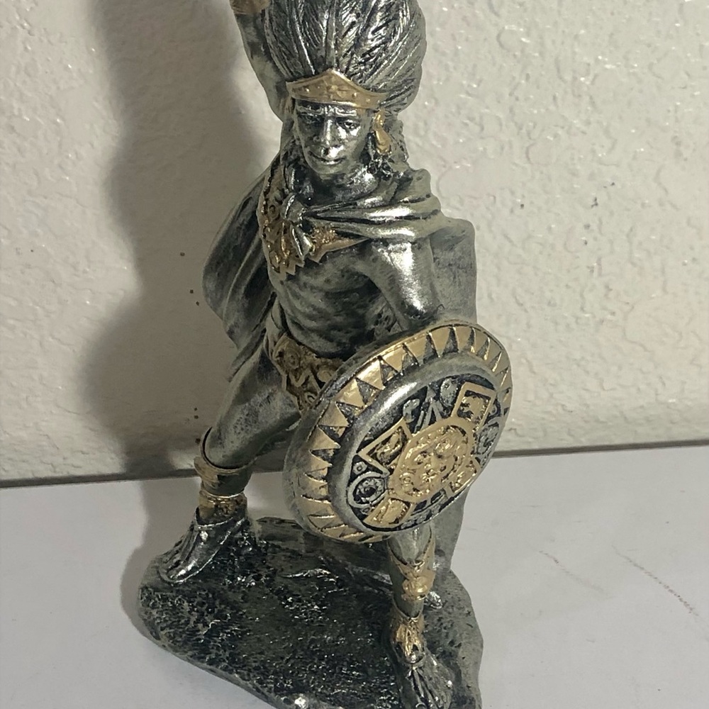Silver and Gold Aztec Warrior with Weapon & Shield Statue- Aztec Calendar Shield